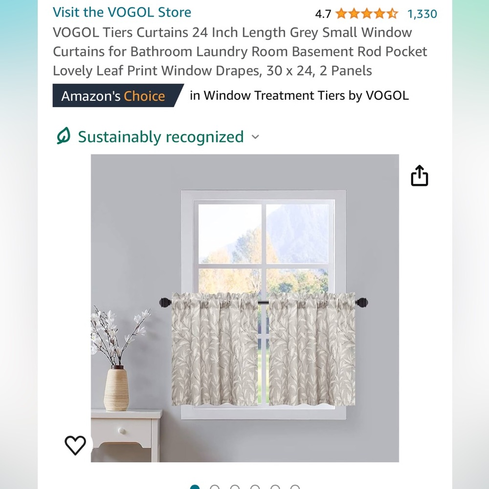 Brand New VOGOL Tiers Curtains 24 Inch Length Grey Small Window Curtains.